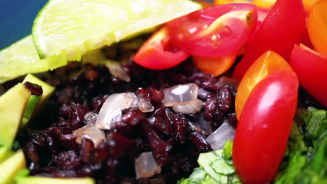 macro view of a black rice protein bowl for a nutritious meal