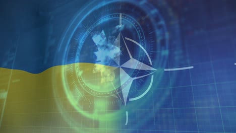 animation of scope scanning and yen symbol over flags of ukraine and nato