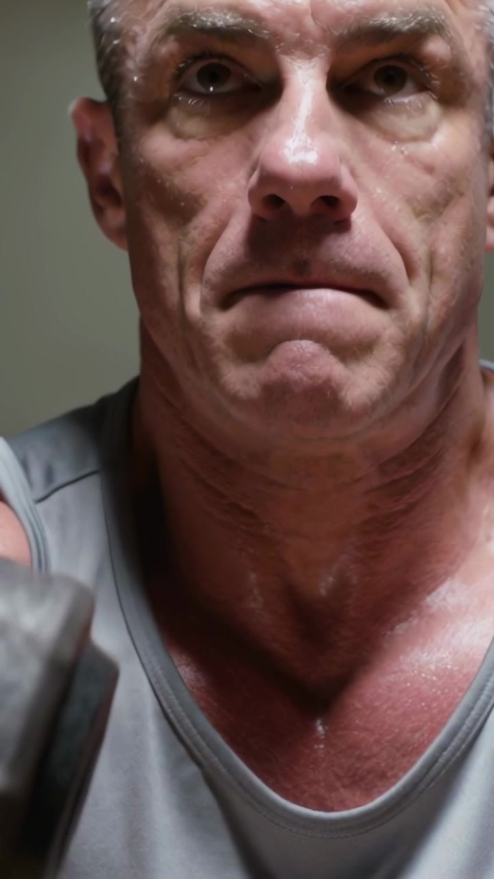 Video verticale: Uomo in una stanza che, partendo in posizione eretta, abbassa il busto tenendo dei pesi, con una canotta grigia, per delle ripetizioni.
