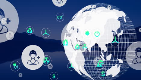 animation of network of eco and environmentally friendly icons over globe