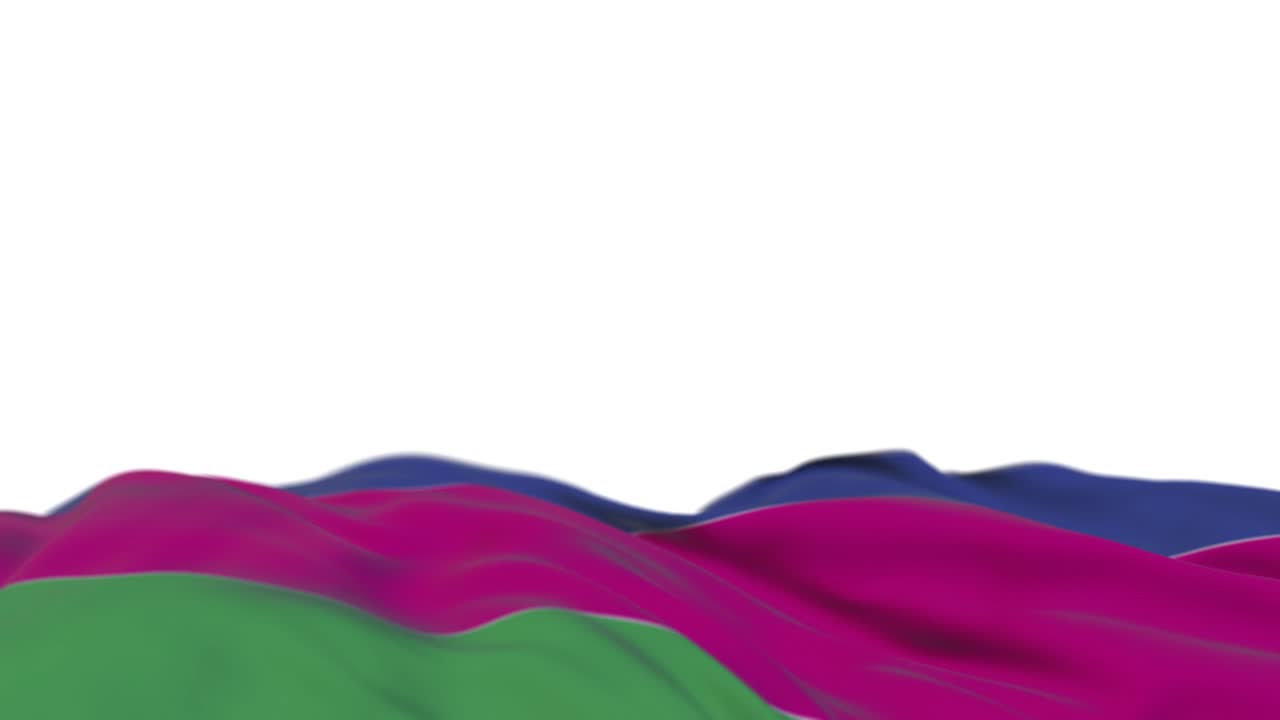 la bandera de la república de los pueblos de kuban ondeando en el bucle del viento. la república de las gentes de kuban bordado estandarte de tela cosida balanceándose en la brisa. fondo blanco medio lleno. lugar para el texto. bucle de 20 segundos.