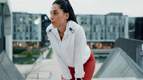 tired woman, fitness and breathing in city