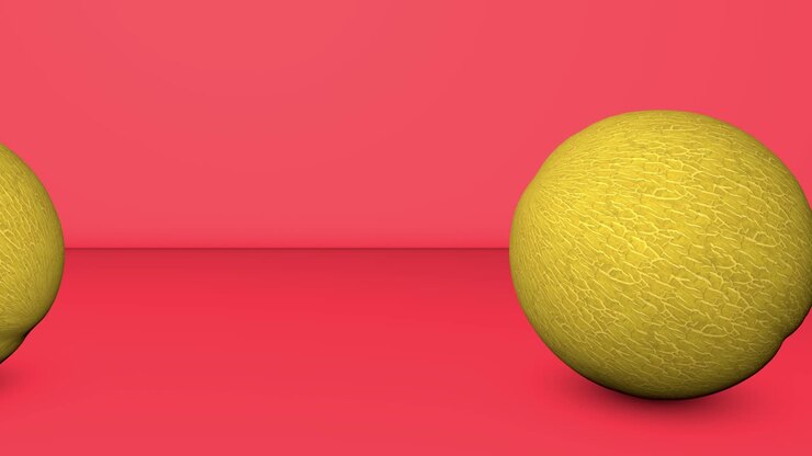 3d animation of rolling melon on red background. Looped