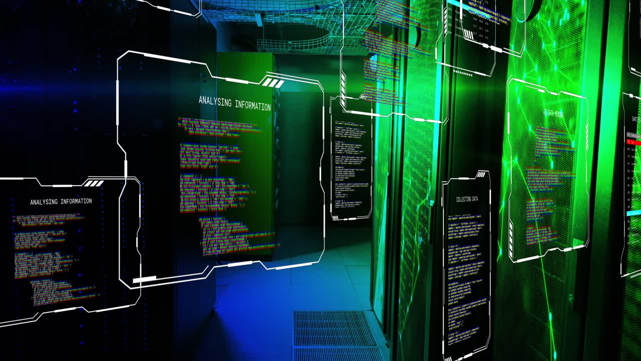 Camera shifting forward, floating code panels sliding past green rack, visualizing technology data