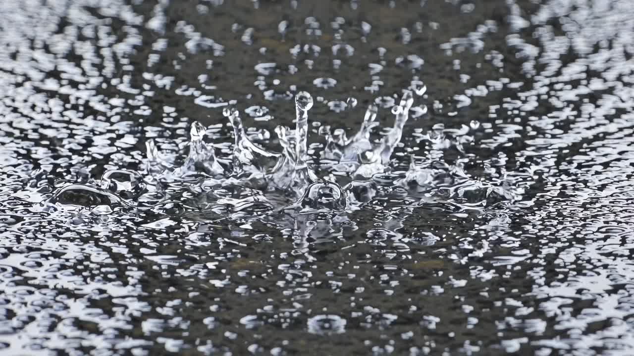 Close-up, low-angle shot capturing a water droplet splash in high detail, resembling a slow-motion