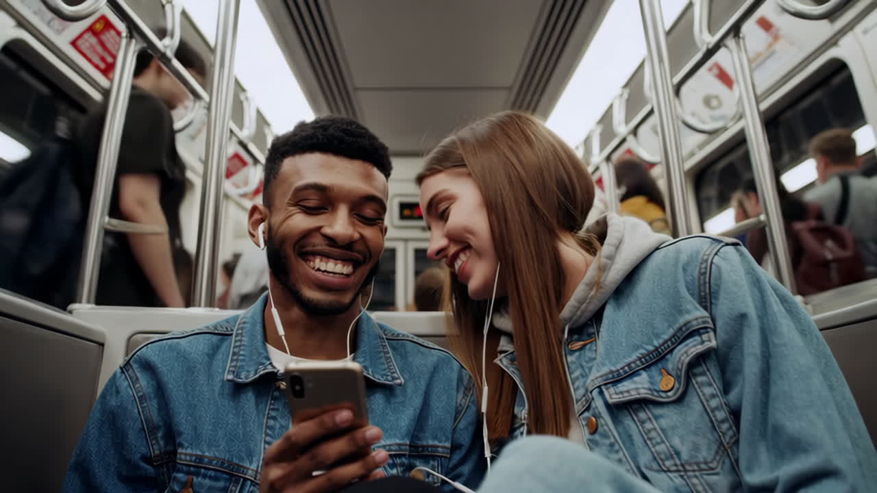 Happy couple sharing headphones and phone on a subway