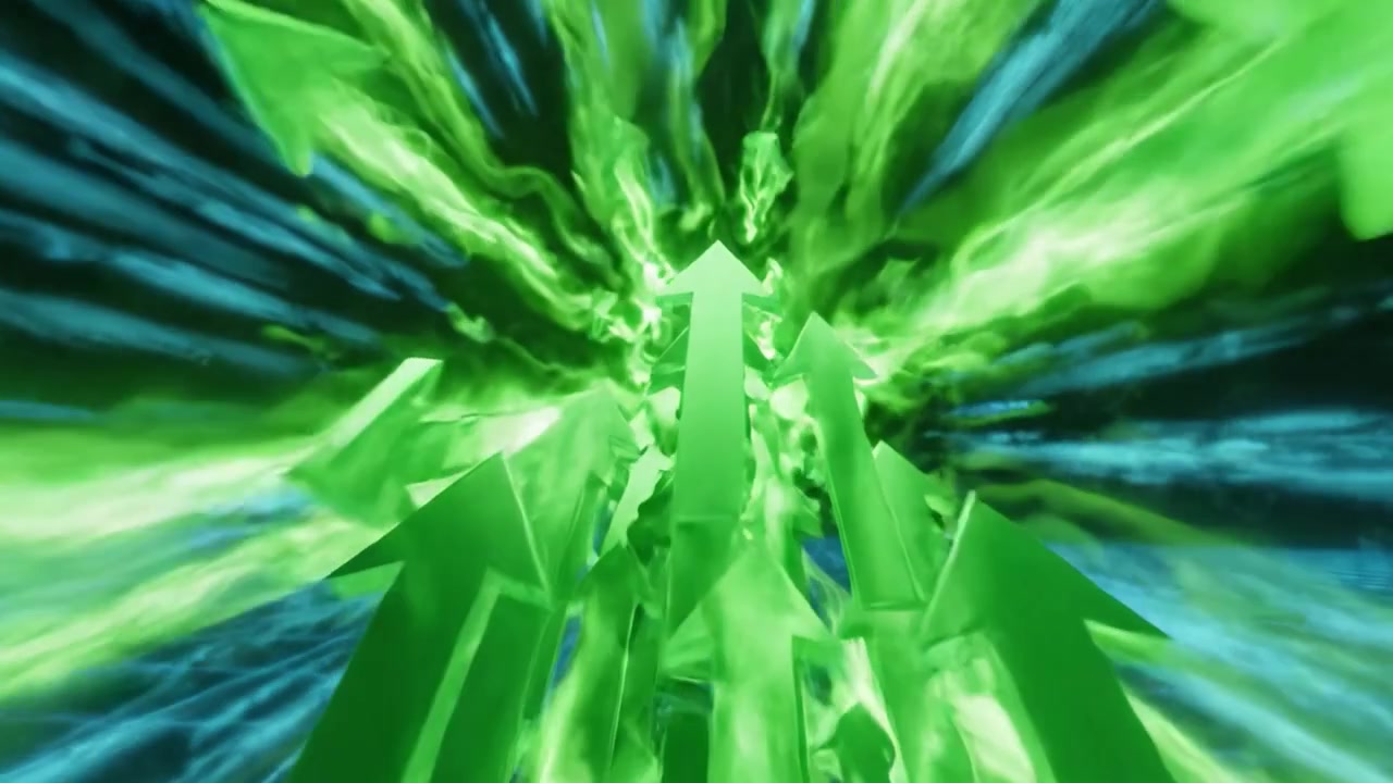 Setas Verdes Dinâmicas Emergem de uma Paisagem em Grade, Cercadas por Partículas Místicas e Efeitos Atmosféricos, Simbolizando Progressão e Movimento em um Espaço Digital.