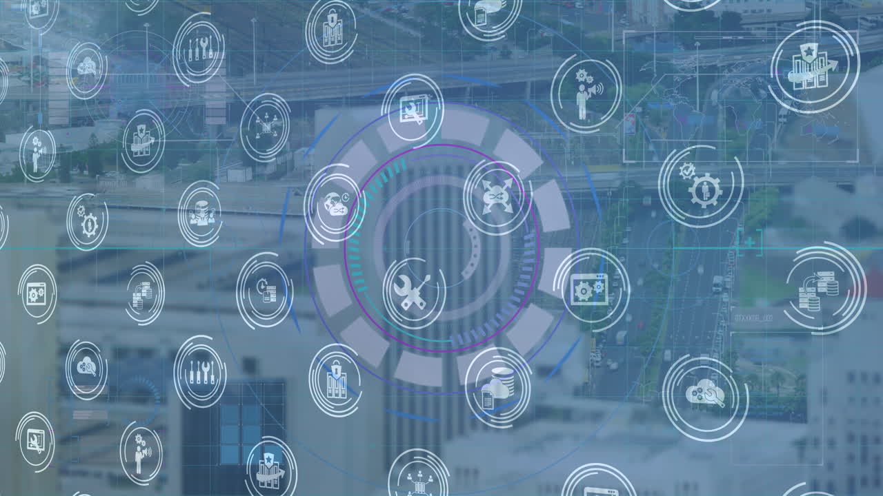 연결 네트워크, 아이콘 및 범위 이상의 데이터 처리 애니메이션