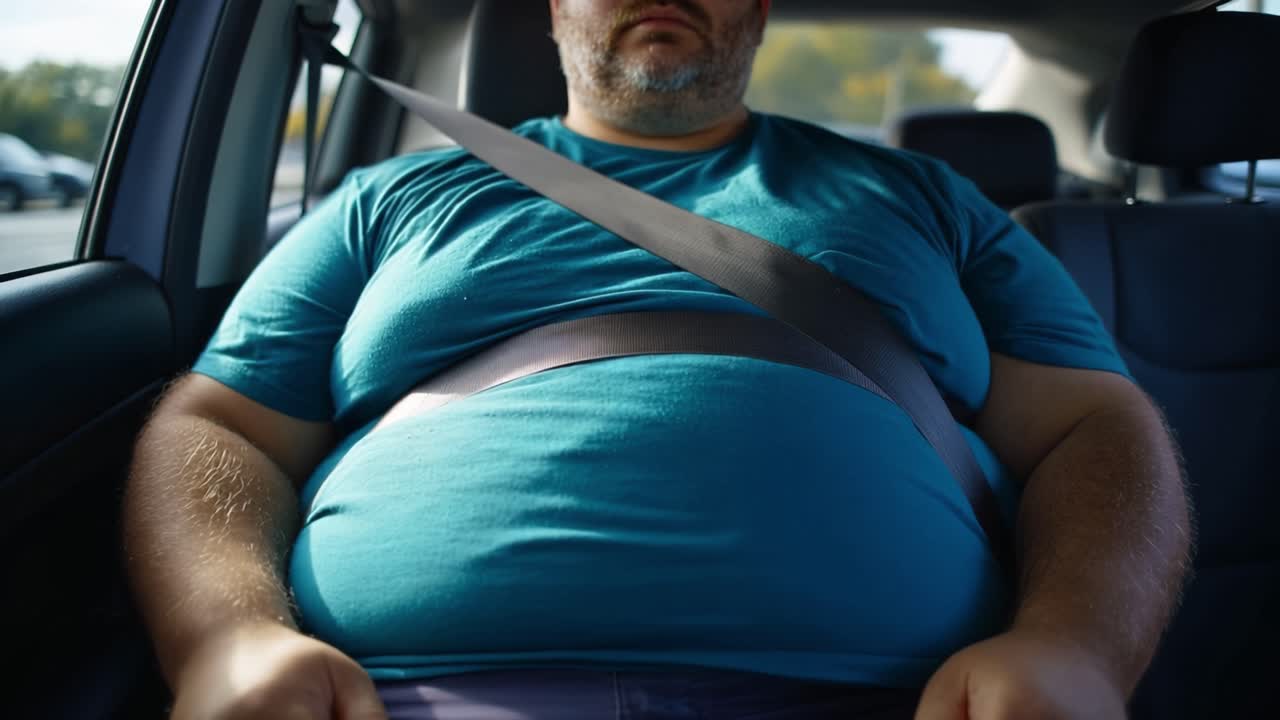 Overweight man sits in driver's seat. He grips the wheel firmly. Seatbelt crosses his broad chest. His eyes show mild fatigue. Driving is a daily routine. Perfect for health or safety themes