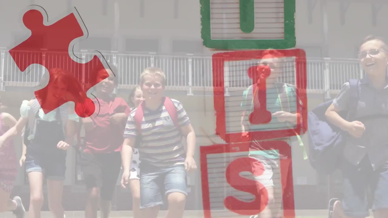animación de rompecabezas y texto de autismo sobre diversos escolares corriendo.