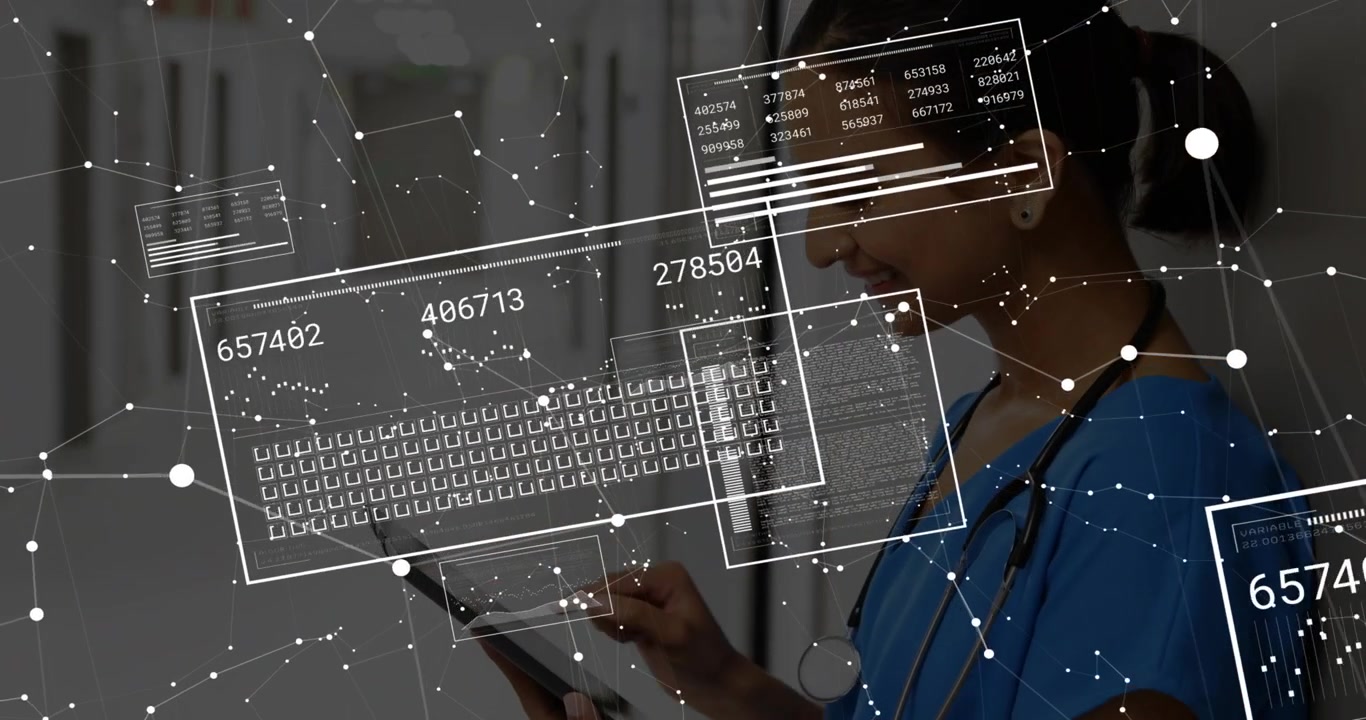 Nurse glancing at tablet in hospital corridor and activating data overlays for monitoring vitals