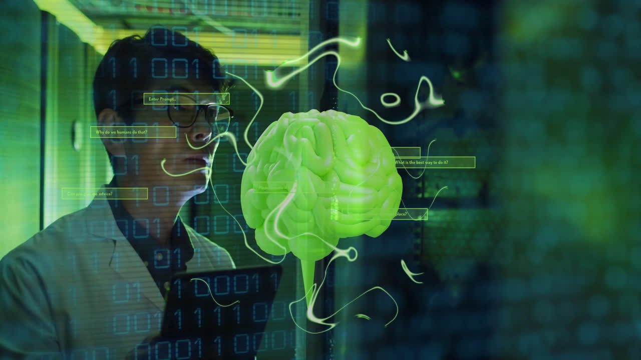 animación del cerebro humano, codificación binaria sobre él ingeniero masculino por servidores de computadora