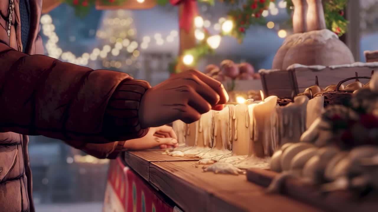 A stylized hand lights candles at a festive winter market
