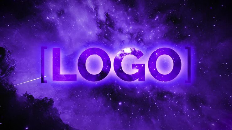 Animazione dinamica di logo viola in un'ambientazione galattica.