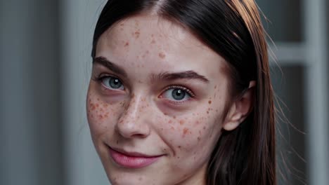 close-up portrait of a young woman with freckles