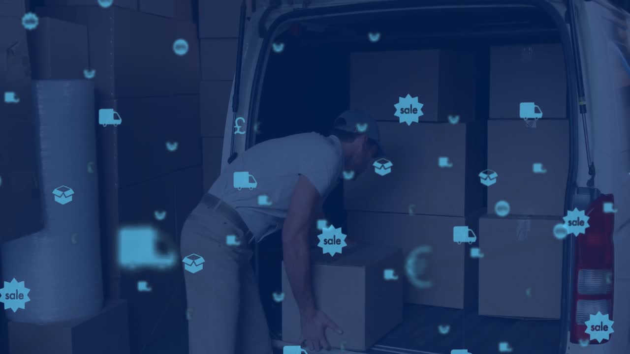 vídeo compuesto digital de iconos digitales contra el repartidor empacando cajas en un coche en el fondo