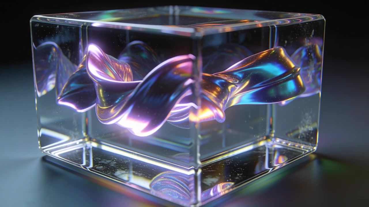Rotating camera and shifting LEDs showcasing clear block on shiny tabletop twisted ribbon inside