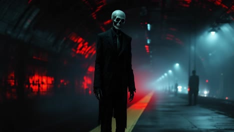 eerie figure in a darkened subway station with atmospheric lighting and haunting shadows