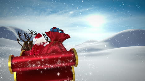 animation of santa claus in sleigh with christmas gifts and snow falling in winter landscape