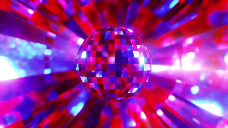 Bola de discoteca abstrata com um fundo roxo e azul. Animação em loop infinito.