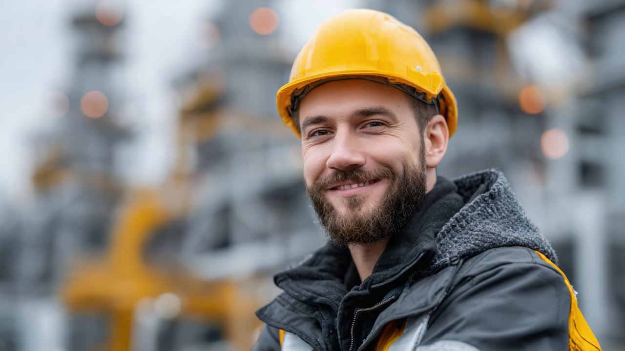 Confident Construction Worker with Yellow Hard Hat Smiling in Front of Industrial Background, Showcasing Dedication and Professionalism in His Craft