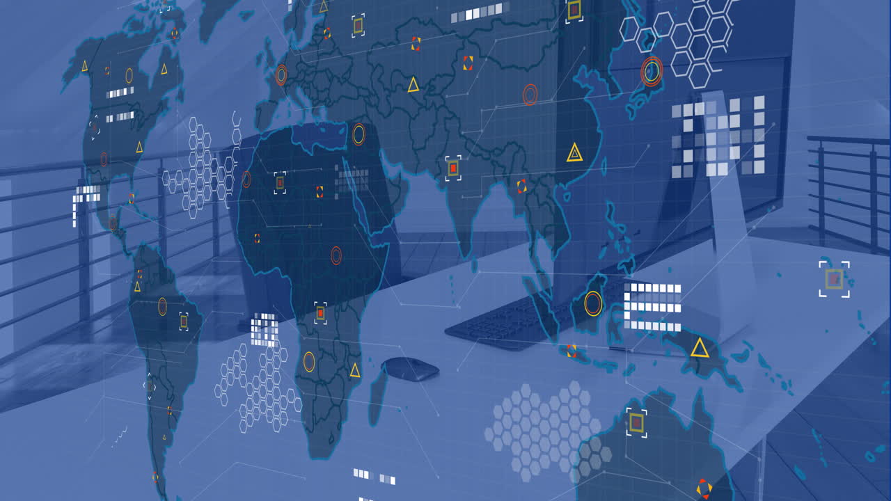 Animation of financial data processing and world map over office with computer on desk