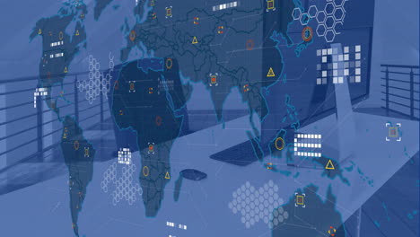 Animation-of-financial-data-processing-and-world-map-over-office-with-computer-on-desk