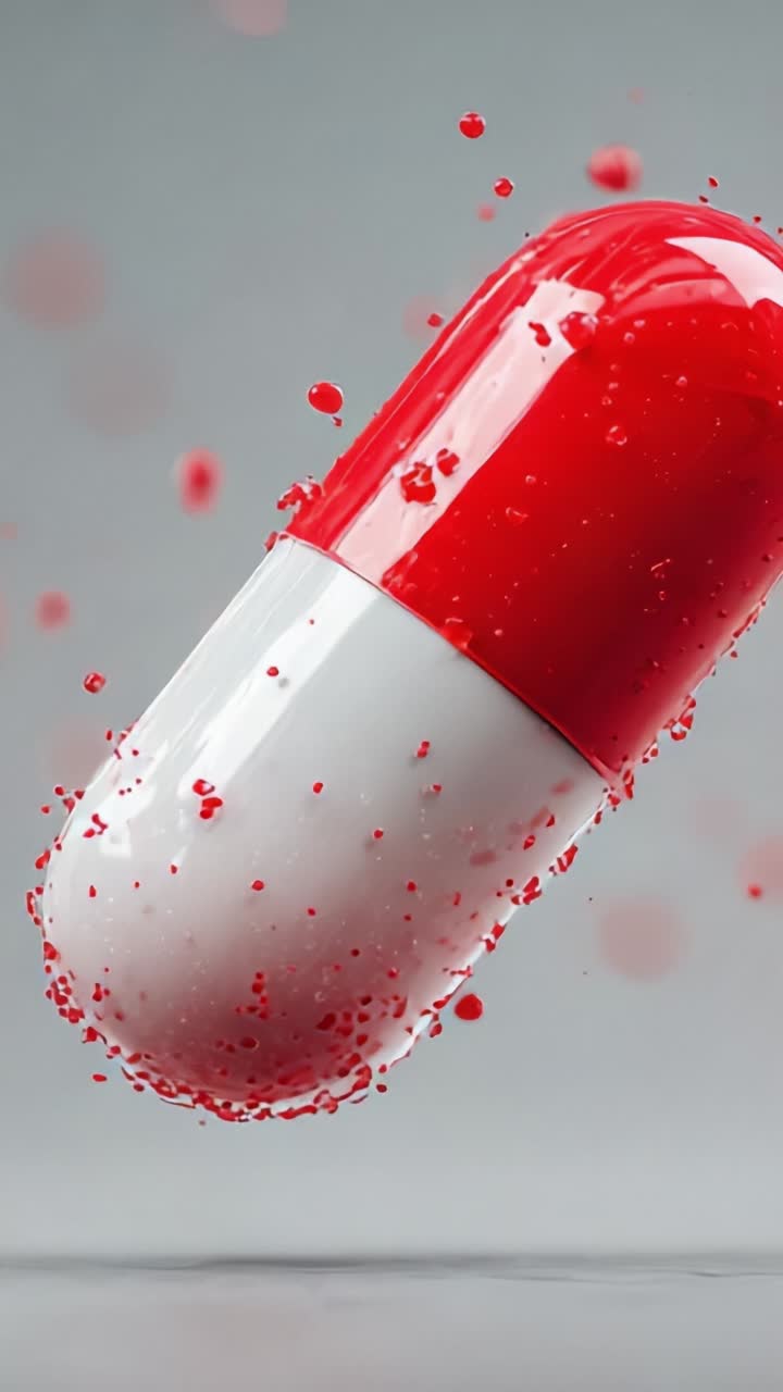 Dynamic Visualization of a Red and White Capsule Surrounded by Splashes, Capturing the Essence of Medicine and Technology in Motion