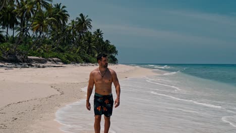 a solitary man walks along the untouched shoreline of geiymiskih fannu beach in fuvahmulah, surrounded by swaying palm trees and the gentle rhythm of turquoise waves.