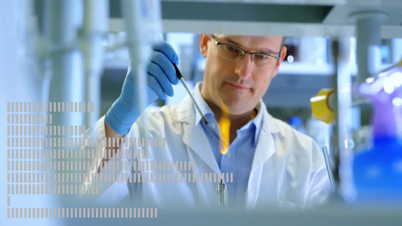 Conducting experiment with pipette, scientist using animation overlay in laboratory