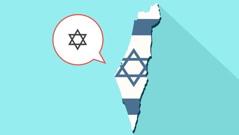 animation of a long shadow israel map with its flag and a comic balloon with a jewish star of david