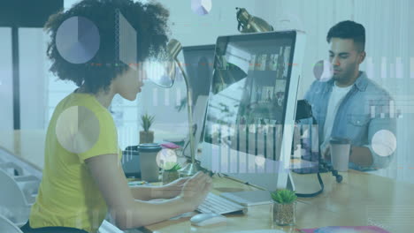 animación del procesamiento de datos financieros sobre una mujer de negocios afroamericana usando una computadora en la oficina.