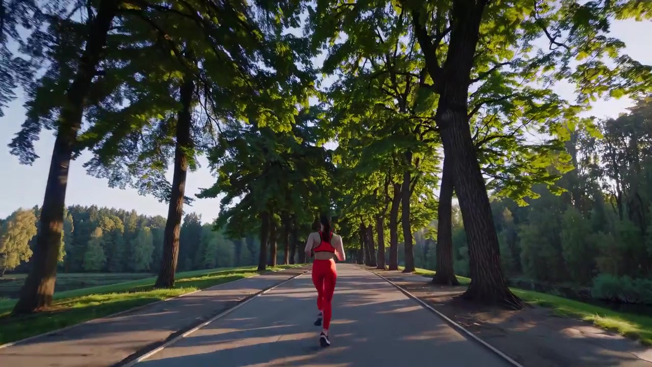 Donna che corre su una strada alberata in un parco alla luce del sole mattutino