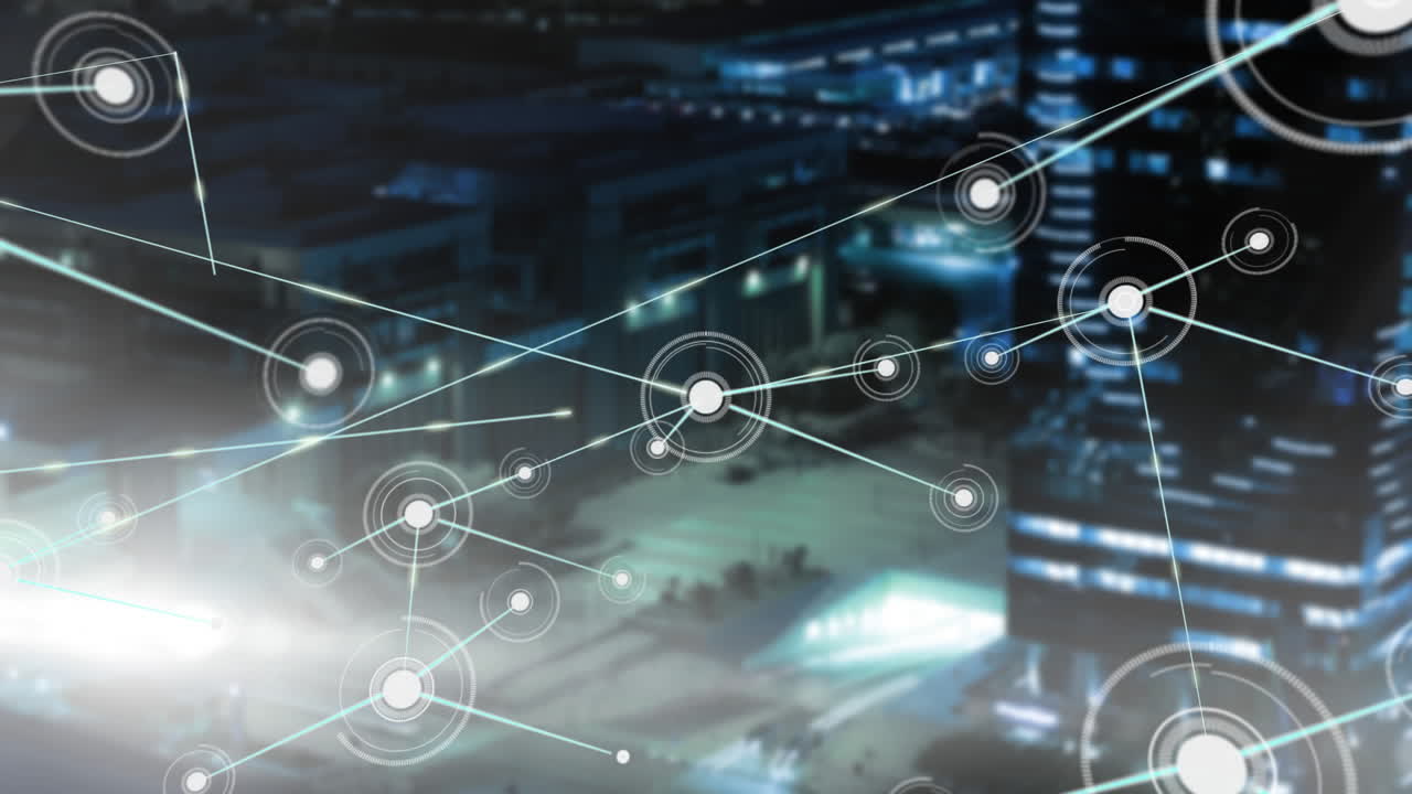 Network of connections and data processing animation over cityscape at night