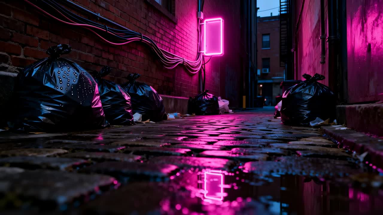 Camera pulling back through wet cobblestone alley at dusk, revealing depth and pink neon reflection