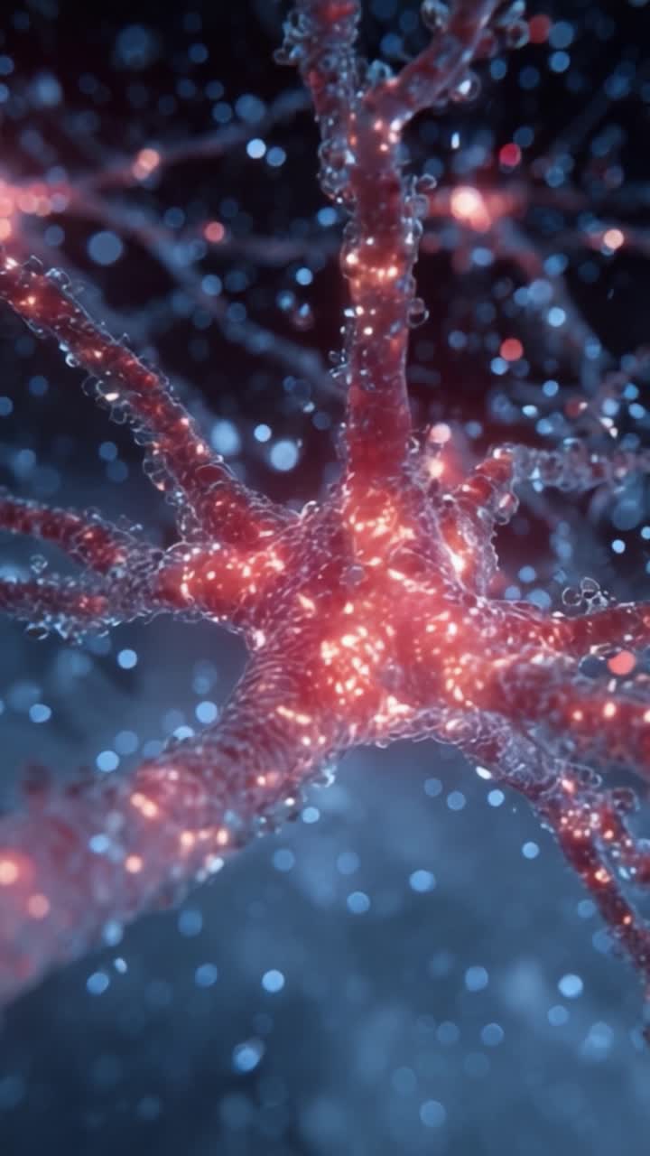 Exploring the Intricate World of Neurons: A Detailed Visualization of Neural Structures Enhanced by Glowing Electrons and Liquid Drops Reflecting Light