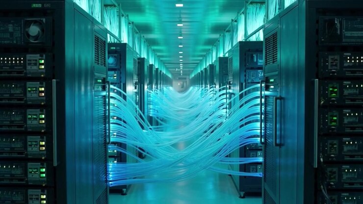 Modern Data Center Server Room with Glowing Fiber Optic Cables