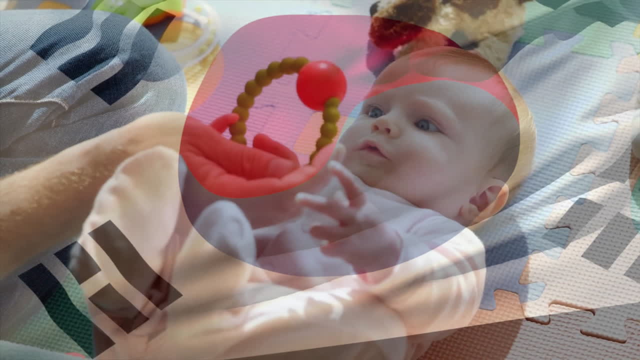 중국 발의 애니메이션 백인 어머니가 빛 방에 누워있는 아기와 함께 놀고 있습니다.