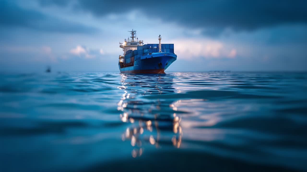 Et stort fragtskib glider over rolige vande under tusmørke, der reflekterer bløde nuancer af blå og lys, hvilket formidler fred og søtransportens majestæt