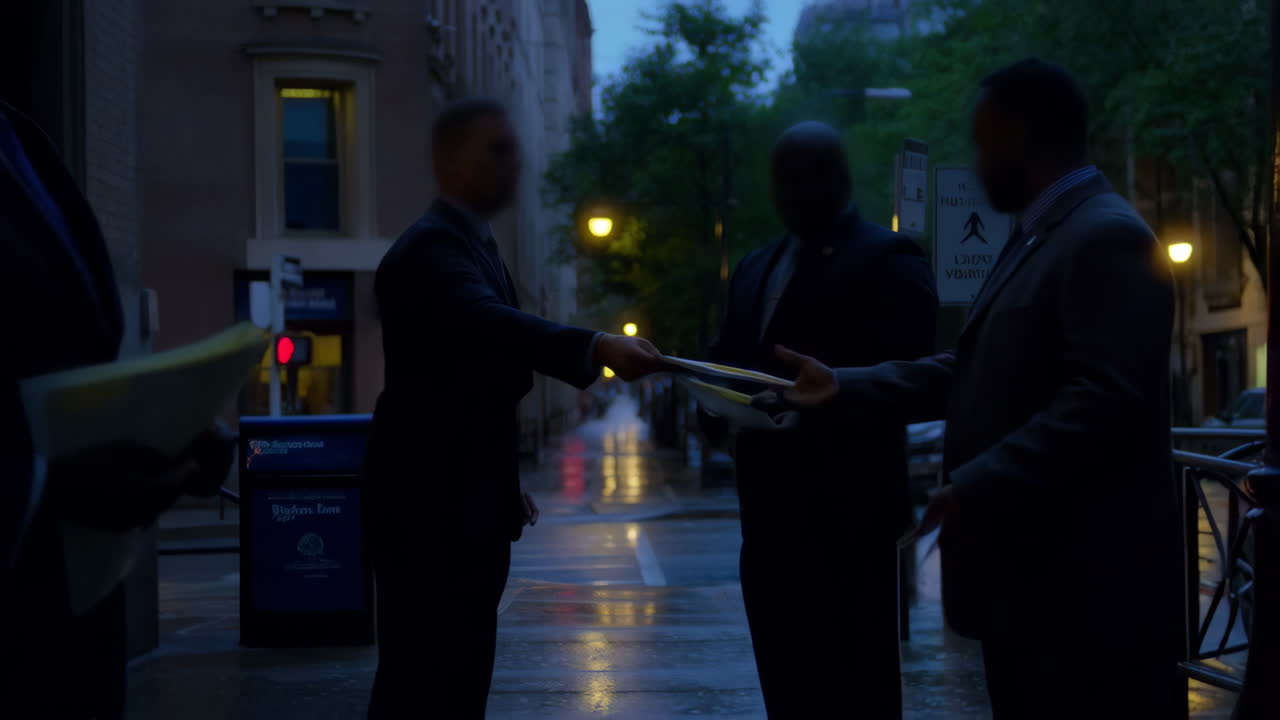 Blurred figures exchanging documents on a wet city street at night
