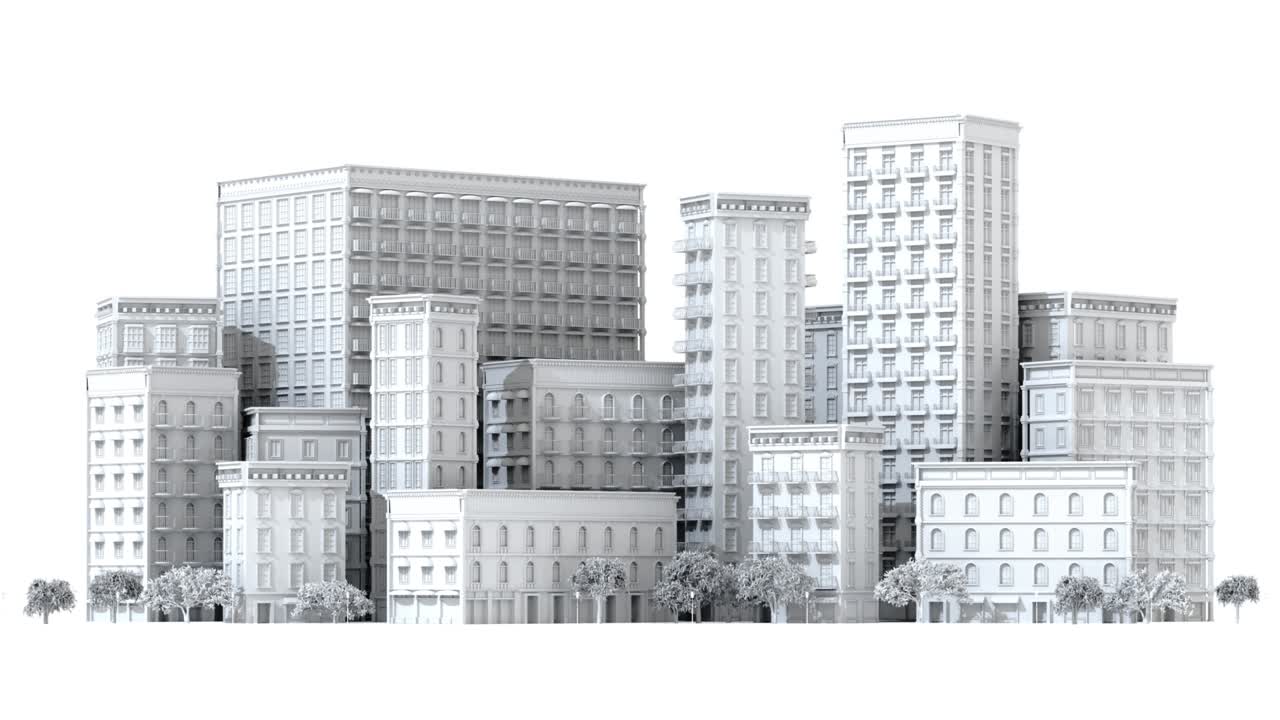 카메라가 주기적인 건물과 함께 아름다운 도시 주변을 날아갑니다. 3d 렌더링 4k