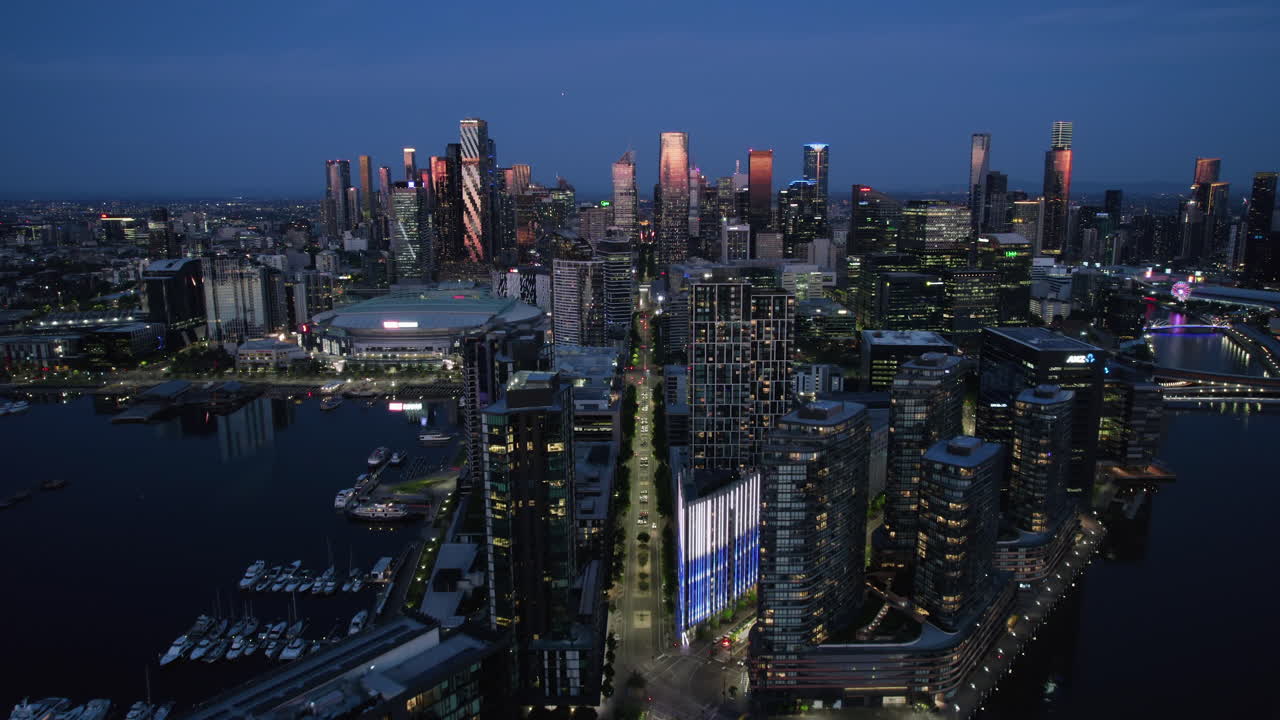 Aerial view toward Bourke Street, Docklands Melbourne, Blue hour