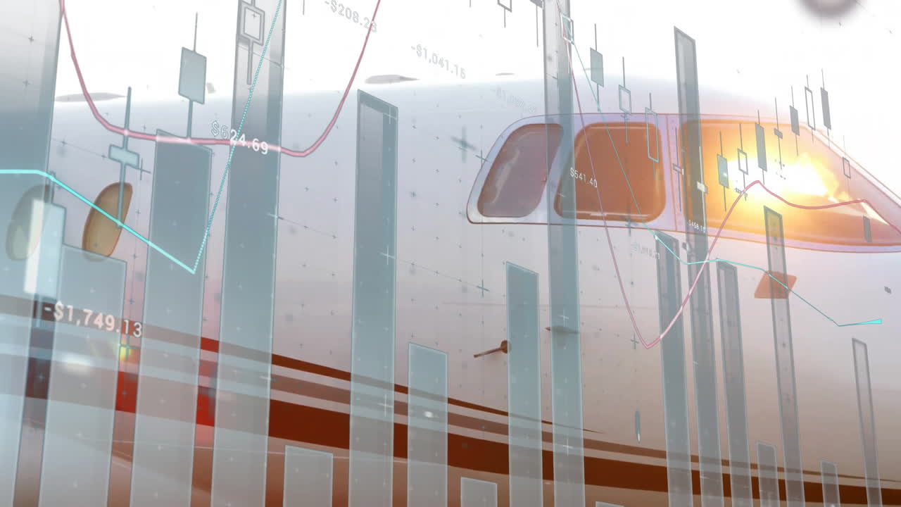 활주로에 있는 제트 비행기 위에서 데이터를 처리하는 그래프의 애니메이션