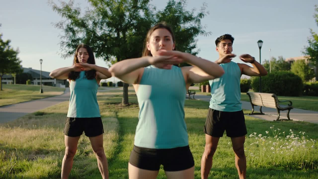 Center woman initiating rhythm, leading peers doing fitness warm-up, arms moving in sync on grass