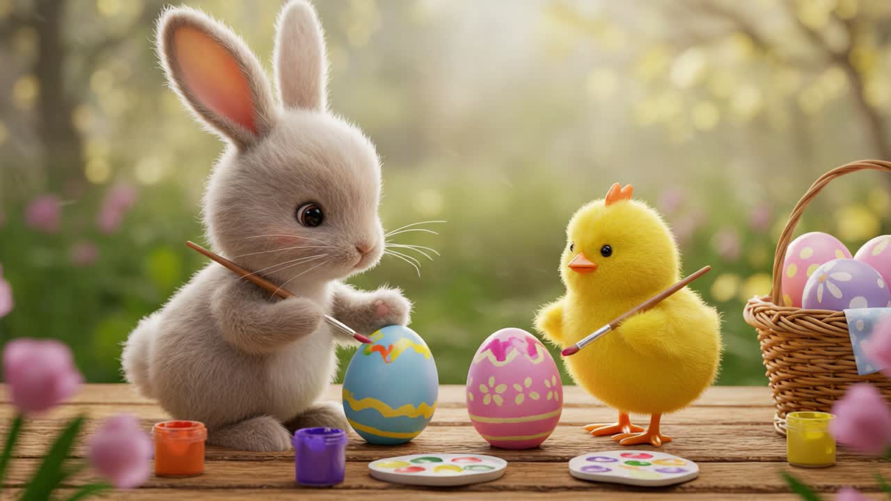 A Whimsical Scene of an Adorable Bunny and Chick Decorating Colorful Easter Eggs in a Sunny Garden Filled with Blossoms and Joyous Springtime Atmosphere