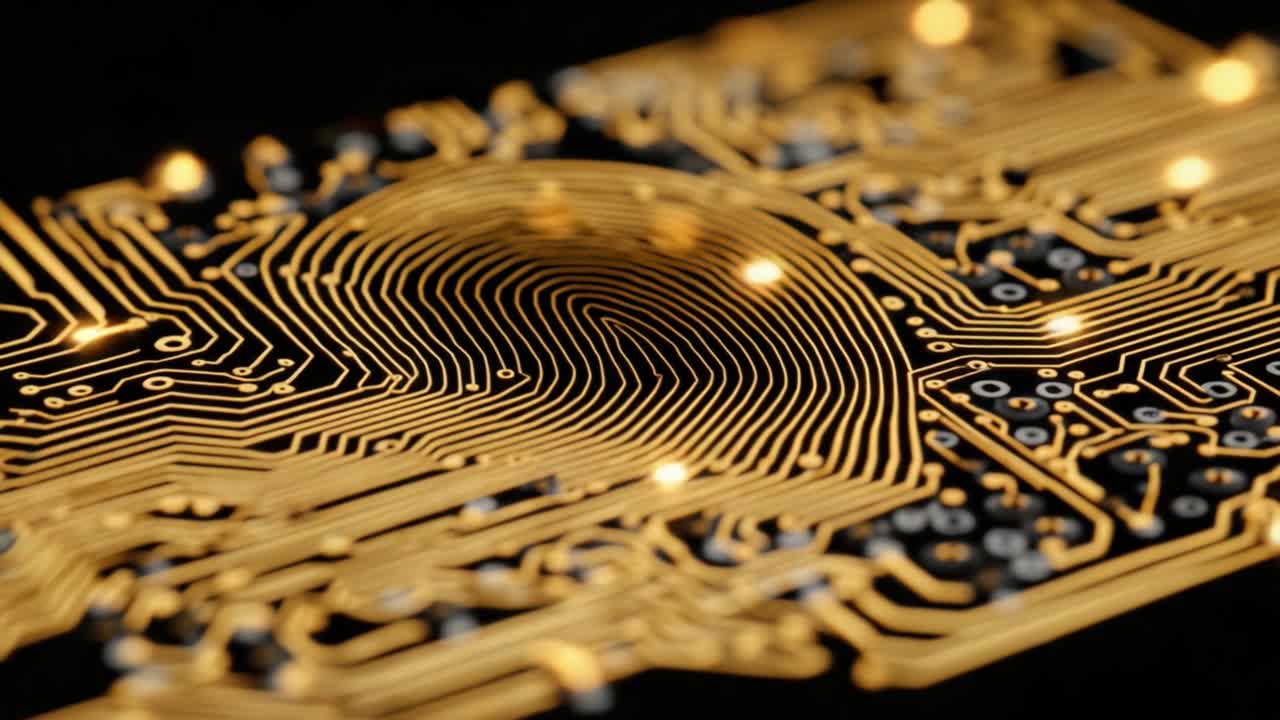 A close-up view of a circuit board design featuring a stylized fingerprint pattern, illuminated with golden lights, representing digital security and biometric authentication