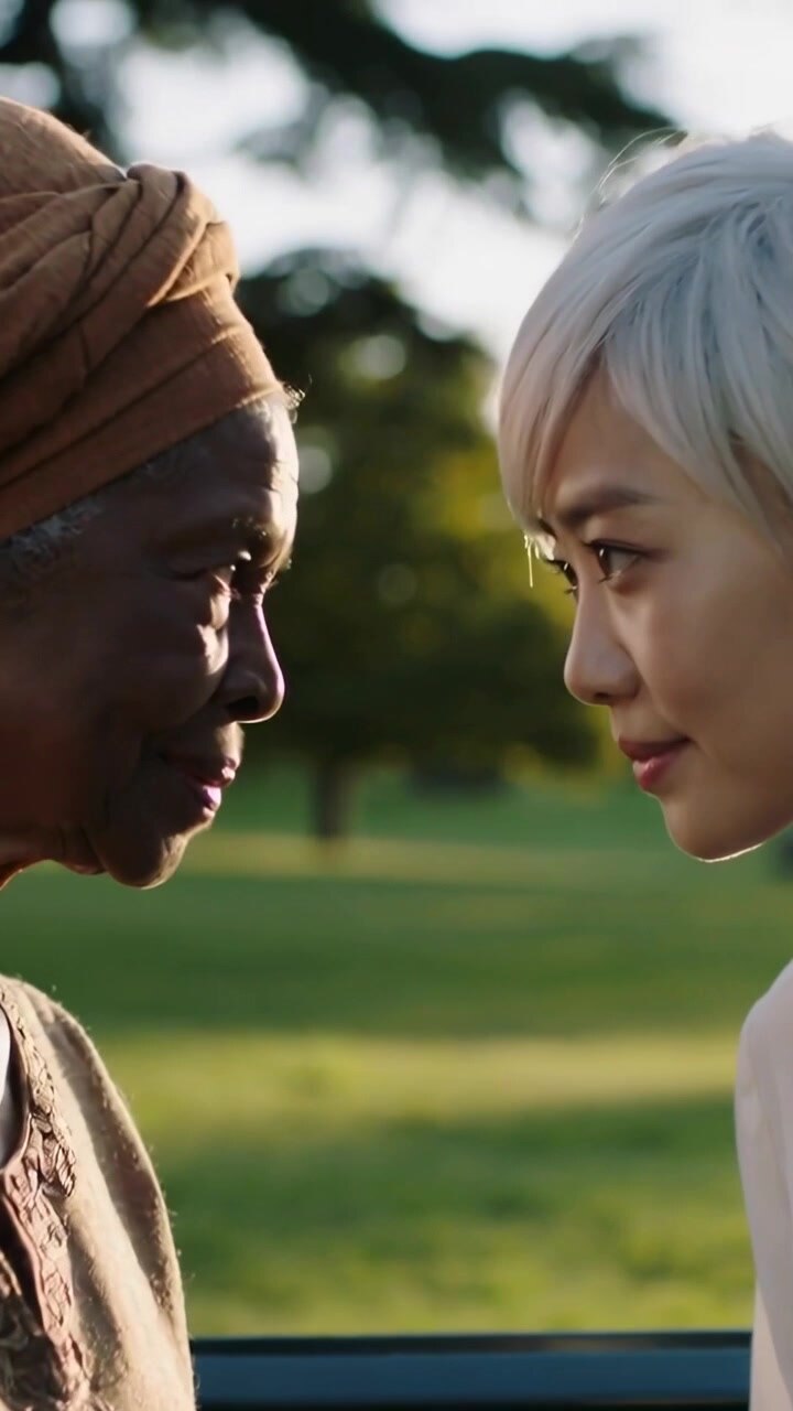 Vertical video: Starting close, two women leaning in on park bench, with brown scarf, offering care