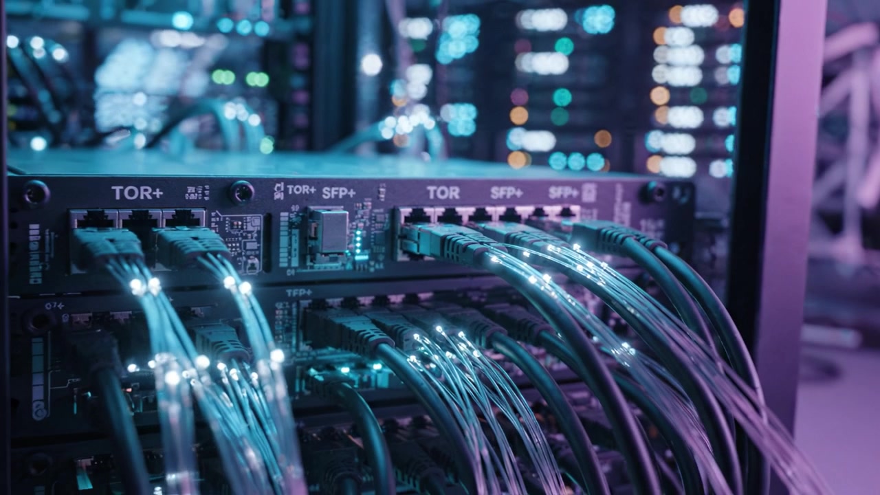 Futuristic Data Center Featuring Advanced Network Components with Colorful LED Lighting and Sophisticated Cabling Infrastructure for High-Speed Connectivity