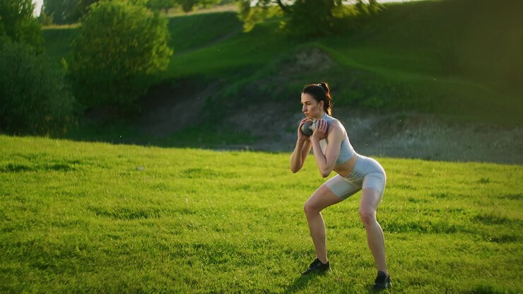 A woman squats with dumbbells in the Park at sunset performing lunges to the side. Motivation and sports training. A single woman does exercises at sunset in the summer