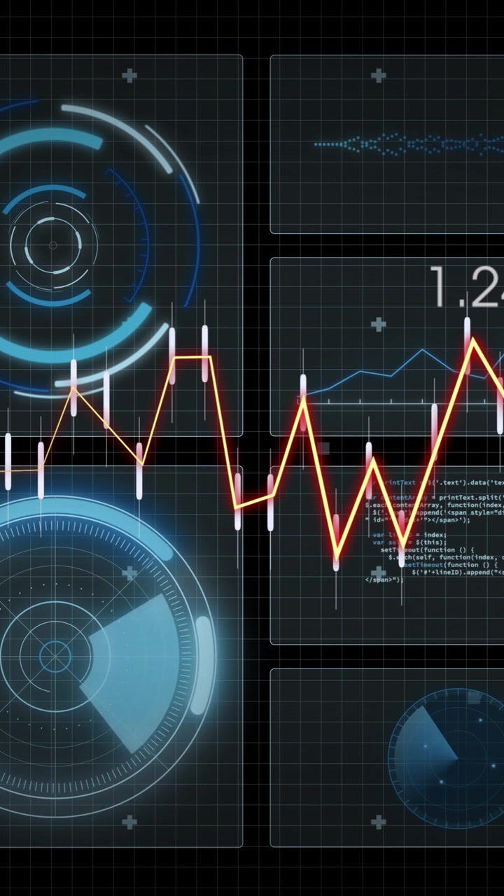 Animazione di circuito stampato ed elaborazione dati su sfondo scuro